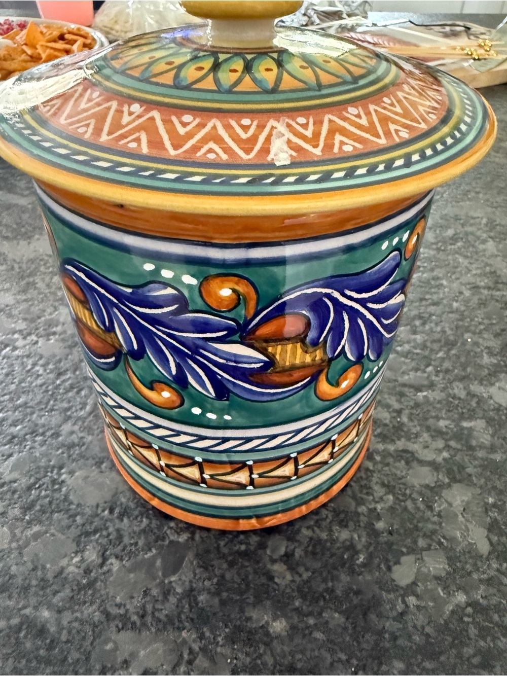 Hand-Painted Ceramic Jar in Teal and Orange by